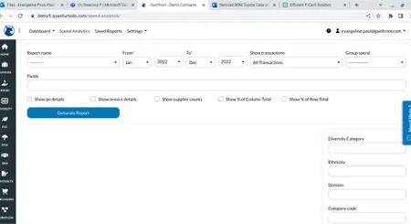 Gainfront spend analytics report screen with transaction and diversity category filters