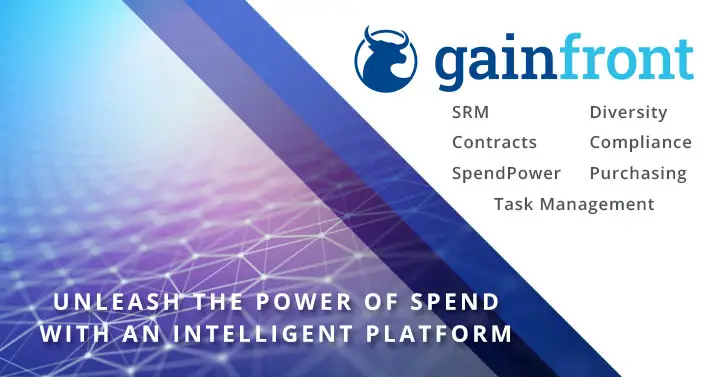 Gainfront brand graphic listing its Contracts and SpendPower modules, representing the generative AI contract capabilities this article covers