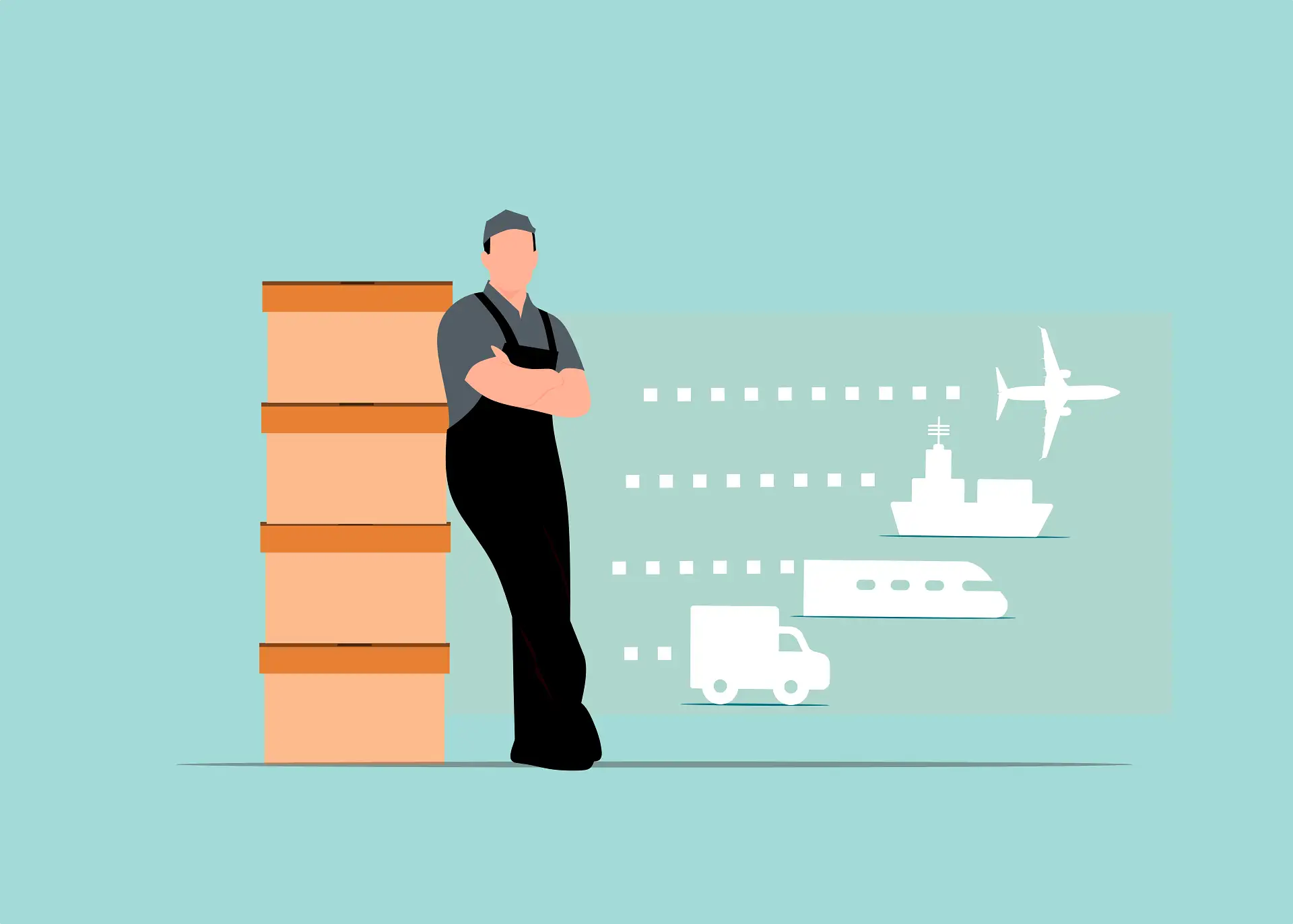 Warehouse worker beside stacked boxes with truck, ship, train, and plane icons for multimodal logistics