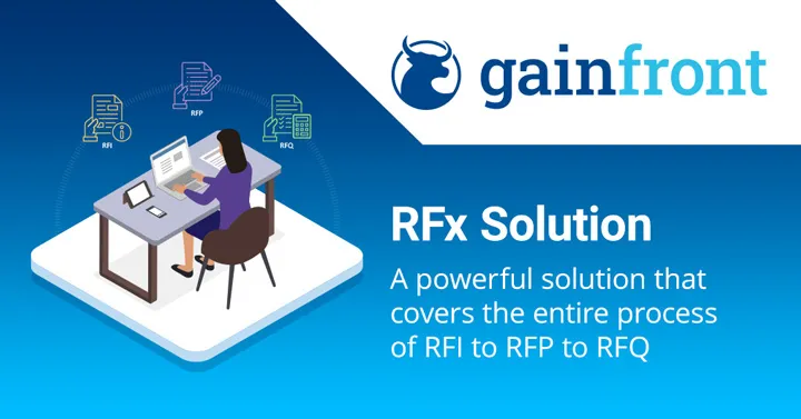 Gainfront banner headed "RFx Solution — a powerful solution that covers the entire process of RFI to RFP to RFQ," with an illustration of a person at a laptop beside icons for RFI, RFP and RFQ documents.