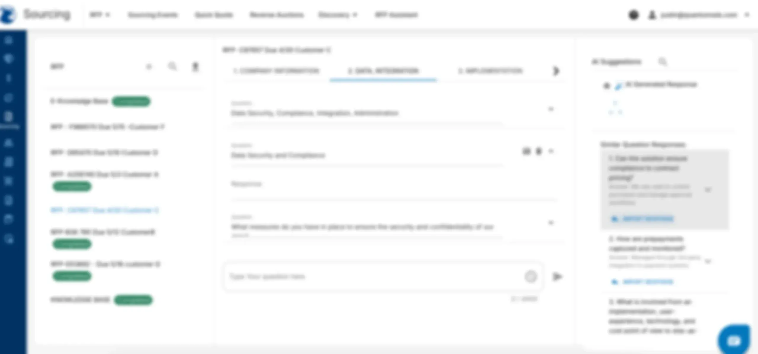 Blurred screenshot of the Gainfront AI-RFP Assist workspace, showing an RFP data-security question with an AI-generated suggested answer and a list of similar past question responses in the side panel.