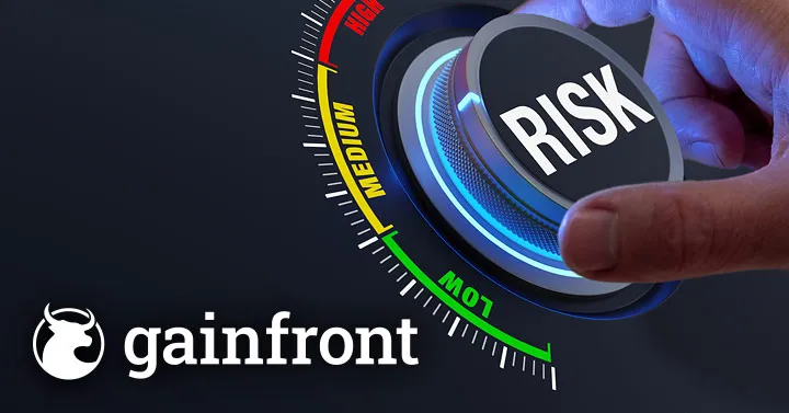 A hand turning a dial labeled RISK across a LOW, MEDIUM, HIGH gauge, with the Gainfront logo in the corner.