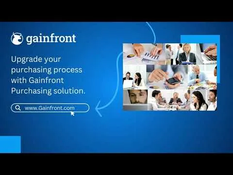Video still reading "Upgrade your purchasing process with Gainfront Purchasing solution," with a www.Gainfront.com search bar and a photo collage of businesspeople reviewing charts and using phones.