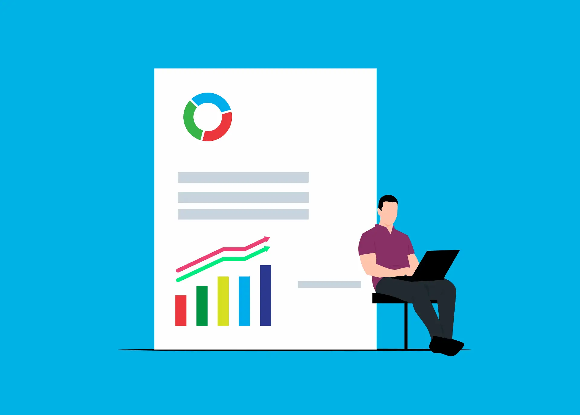 Illustration of a spend analytics report with a category pie chart and a rising cost bar chart