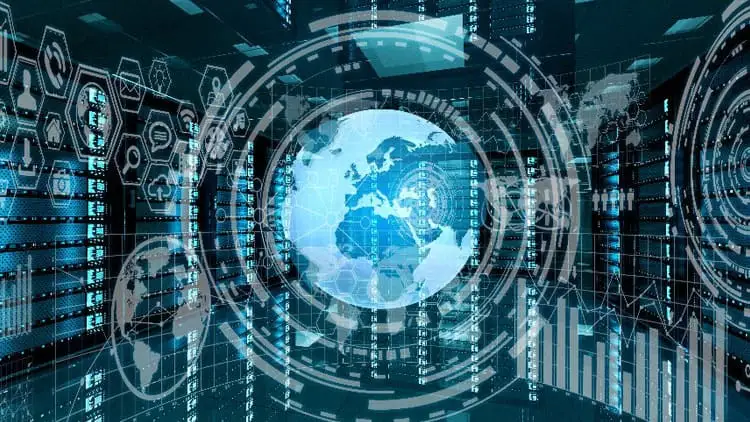Digital globe surrounded by data icons and analytics charts in a server room