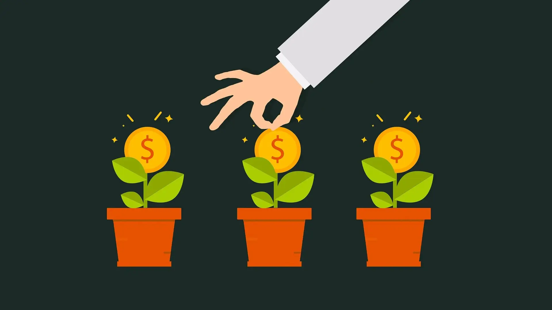 Illustration of a hand placing coins on growing money plants