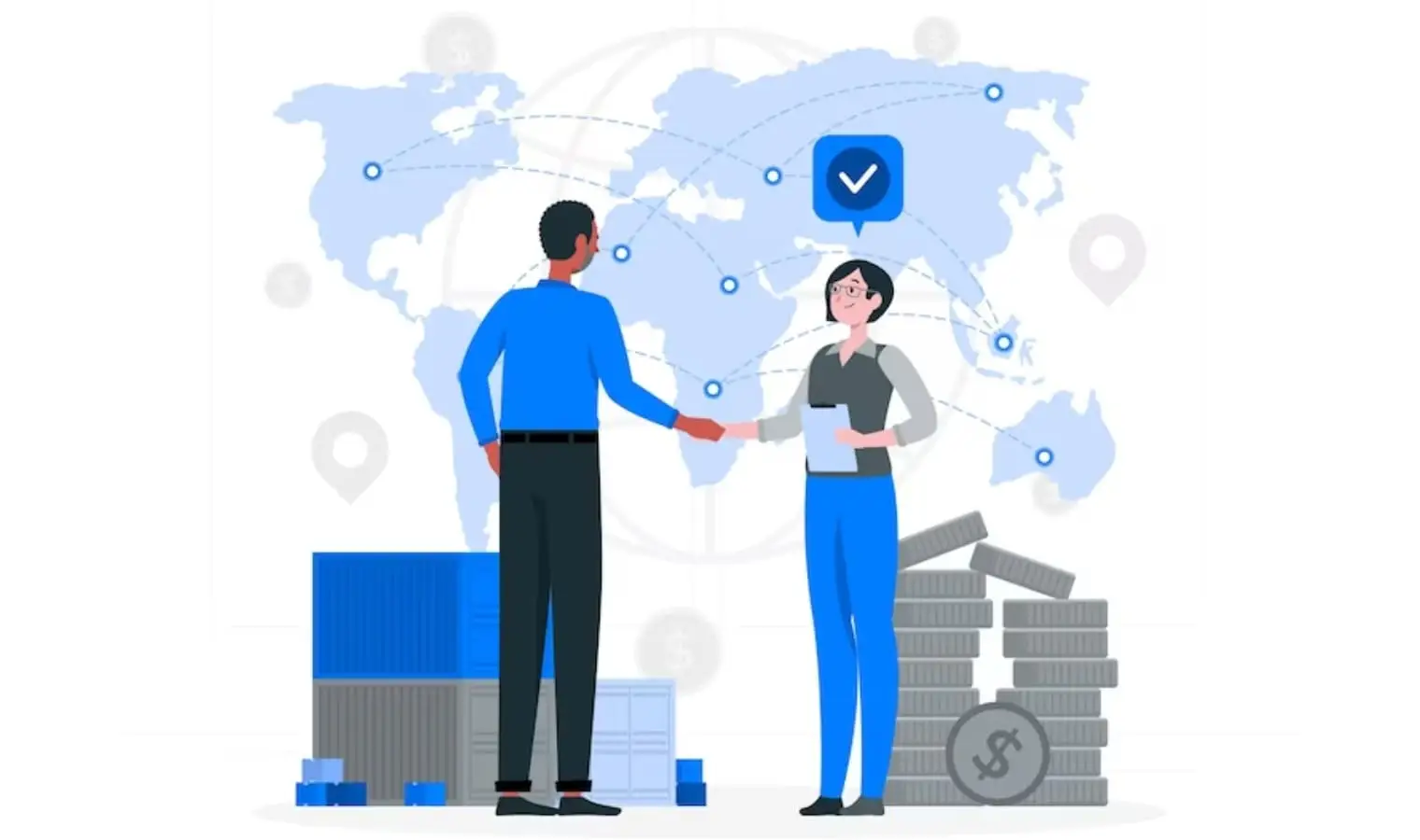 Illustration of two people shaking hands in front of a world map with shipping routes, a verification checkmark, and stacked coins, representing a verified global supplier partnership.