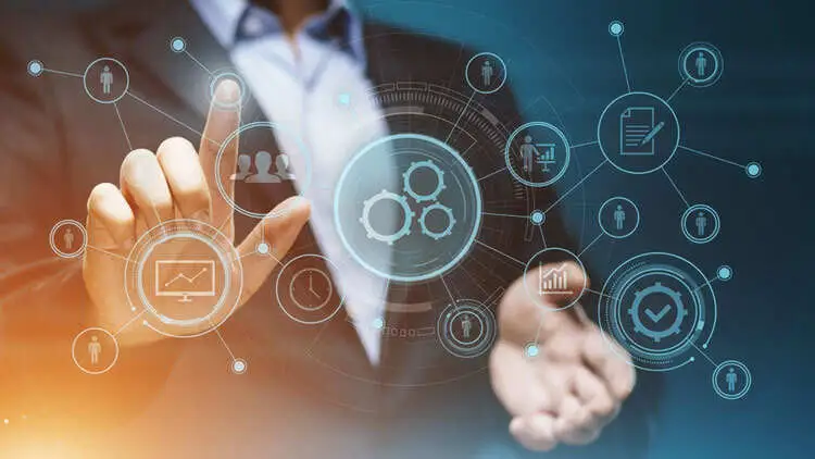 Businessperson tapping a digital network of connected workflow and approval icons