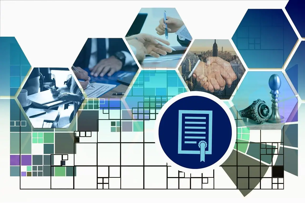 Collage of contract signing, a business handshake and a document seal icon representing contract lifecycle management