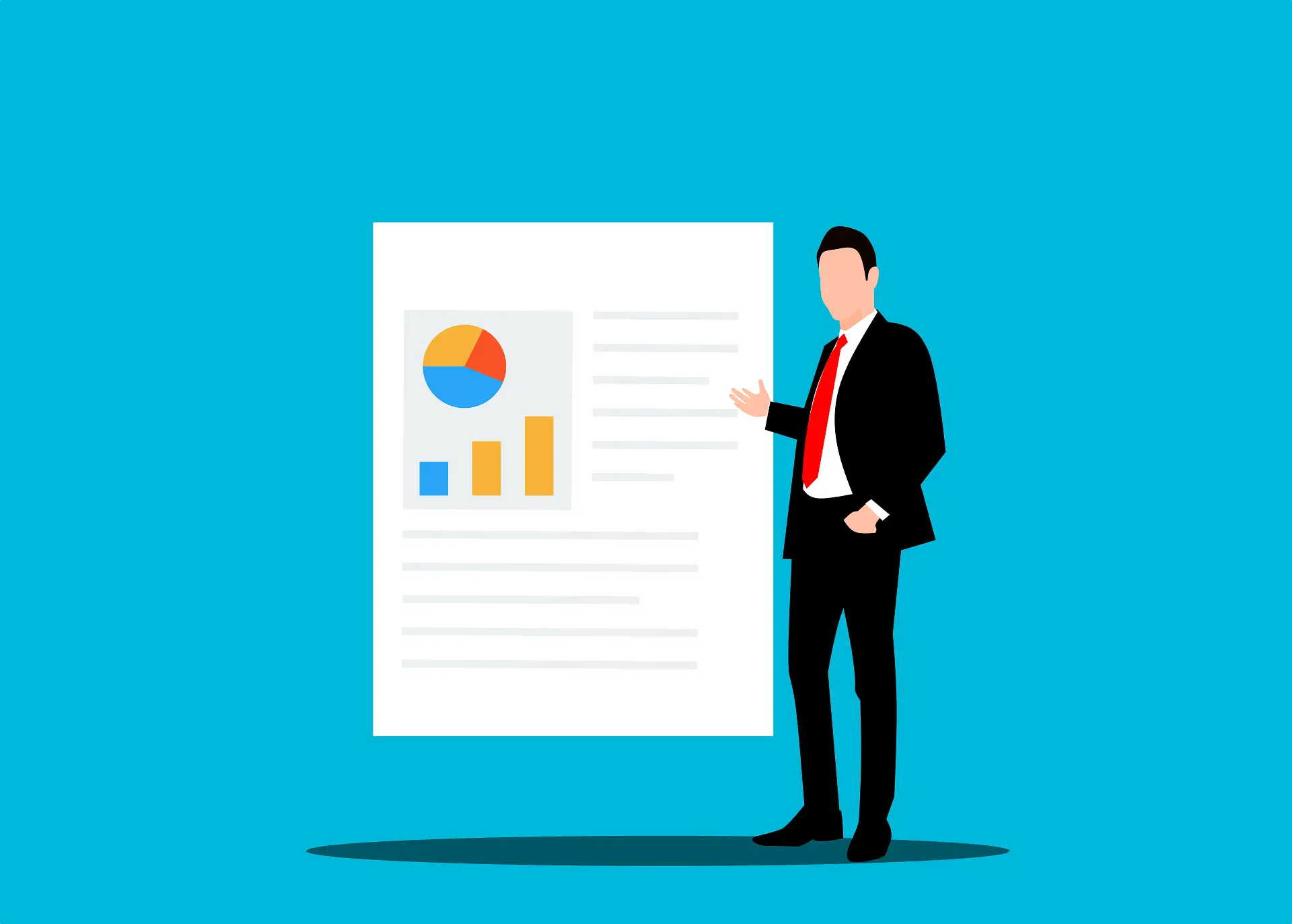 Illustration of a businessman presenting a spend report with pie and bar charts