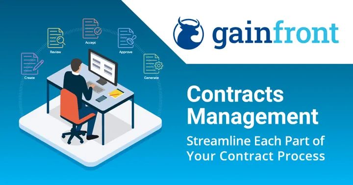 Gainfront banner headed "Contracts Management — streamline each part of your contract process," with an illustration of a person at a desktop computer surrounded by icons for Create, Review, Accept, Approve and Generate.