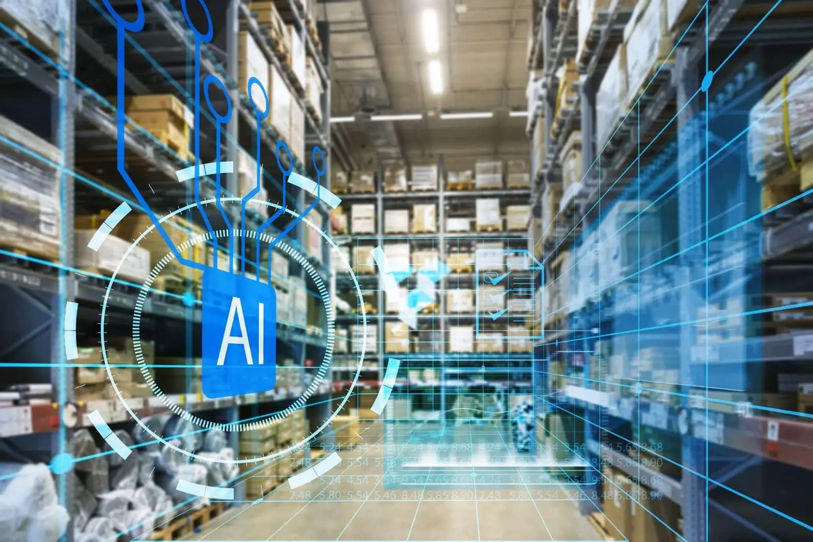 Warehouse aisle with an AI monitoring overlay tracking supplier and inventory data