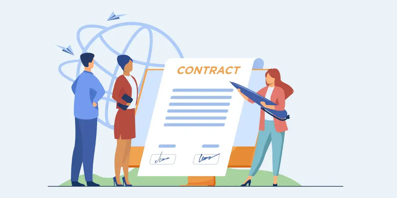 Illustration of a large signed contract document, with a woman signing it while two colleagues review it beside her