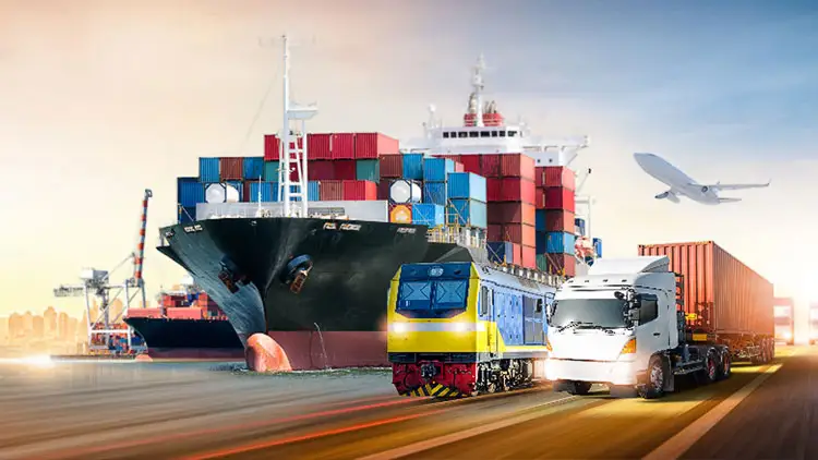 Cargo ship, train, truck and cargo plane representing multimodal freight transport