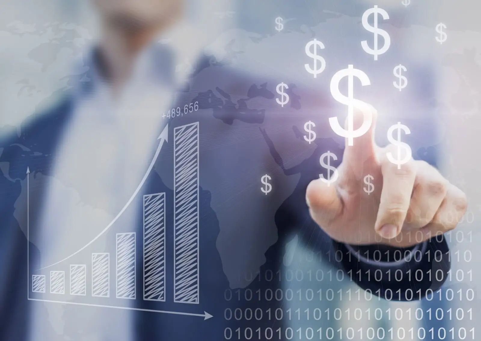 Businessperson touching a digital dollar icon above a rising growth chart