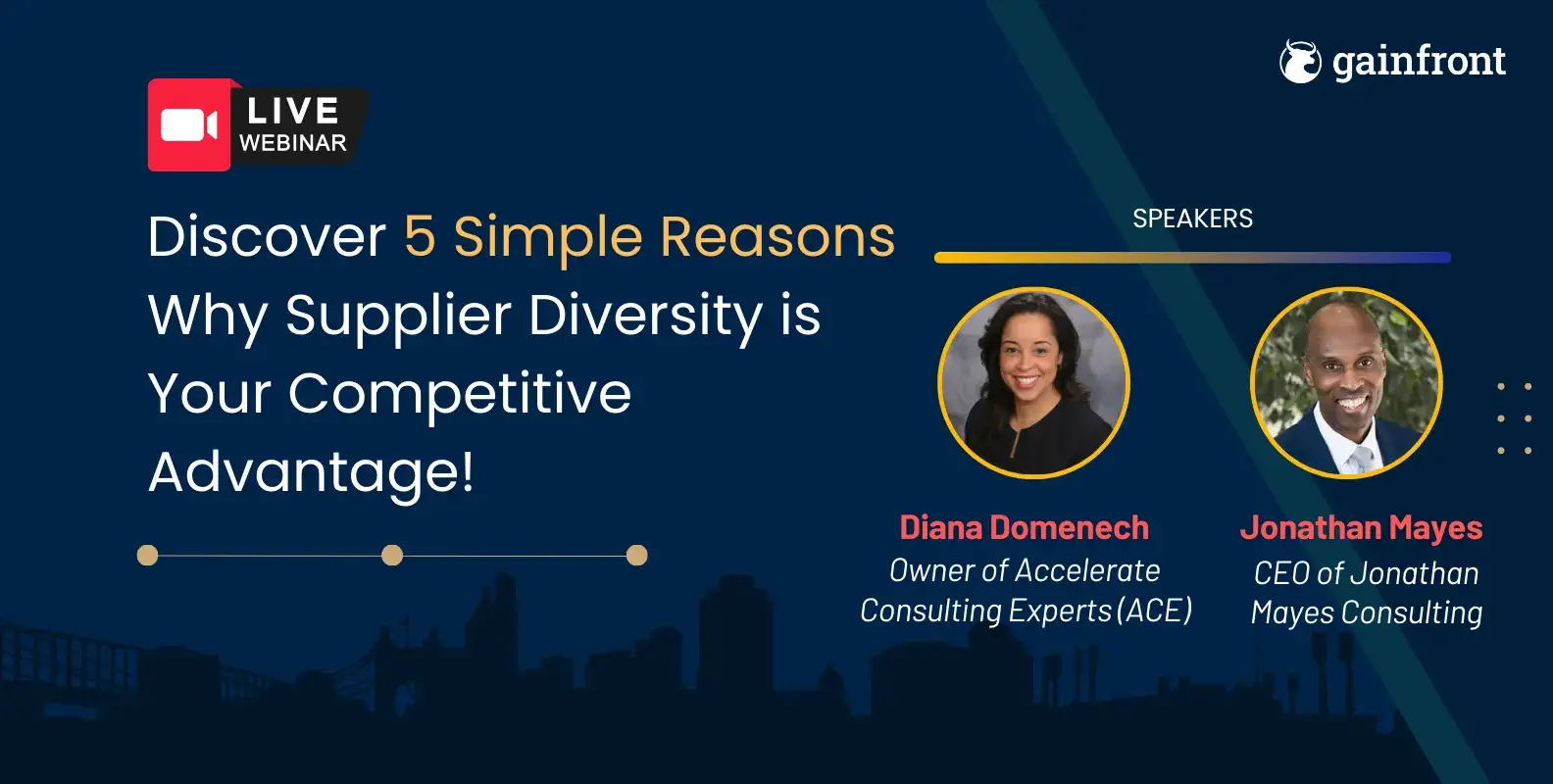Live webinar promo graphic with headshots of speakers Diana Domenech and Jonathan Mayes