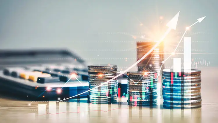 Stacked coins with an upward growth arrow and a financial chart overlay