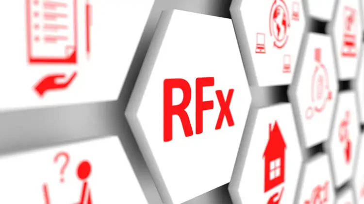 Hexagonal icon grid with the letters RFx representing an automated request-for-x process