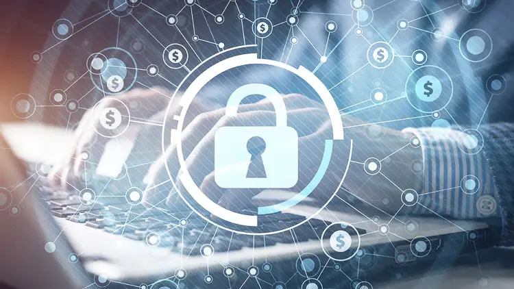 Padlock icon over a connected network of dollar signs, symbolizing secure cost savings in procurement