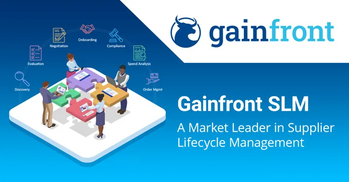 Gainfront SLM banner headed "A market leader in supplier lifecycle management," with an isometric illustration of colleagues assembling puzzle pieces around icons for the seven lifecycle stages: discovery, evaluation, negotiation, onboarding, compliance, spend analysis and order management.