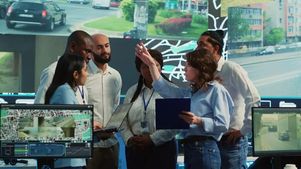 A procurement team reviews supplier and logistics data together on wall-mounted monitors in a control room