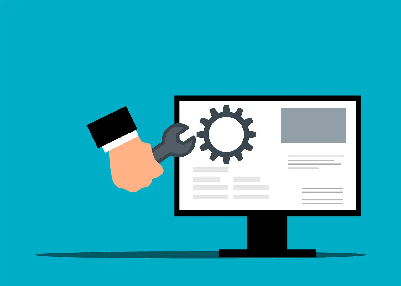 Illustration of a hand adjusting a gear with a wrench beside a computer screen showing a document, symbolizing procurement software