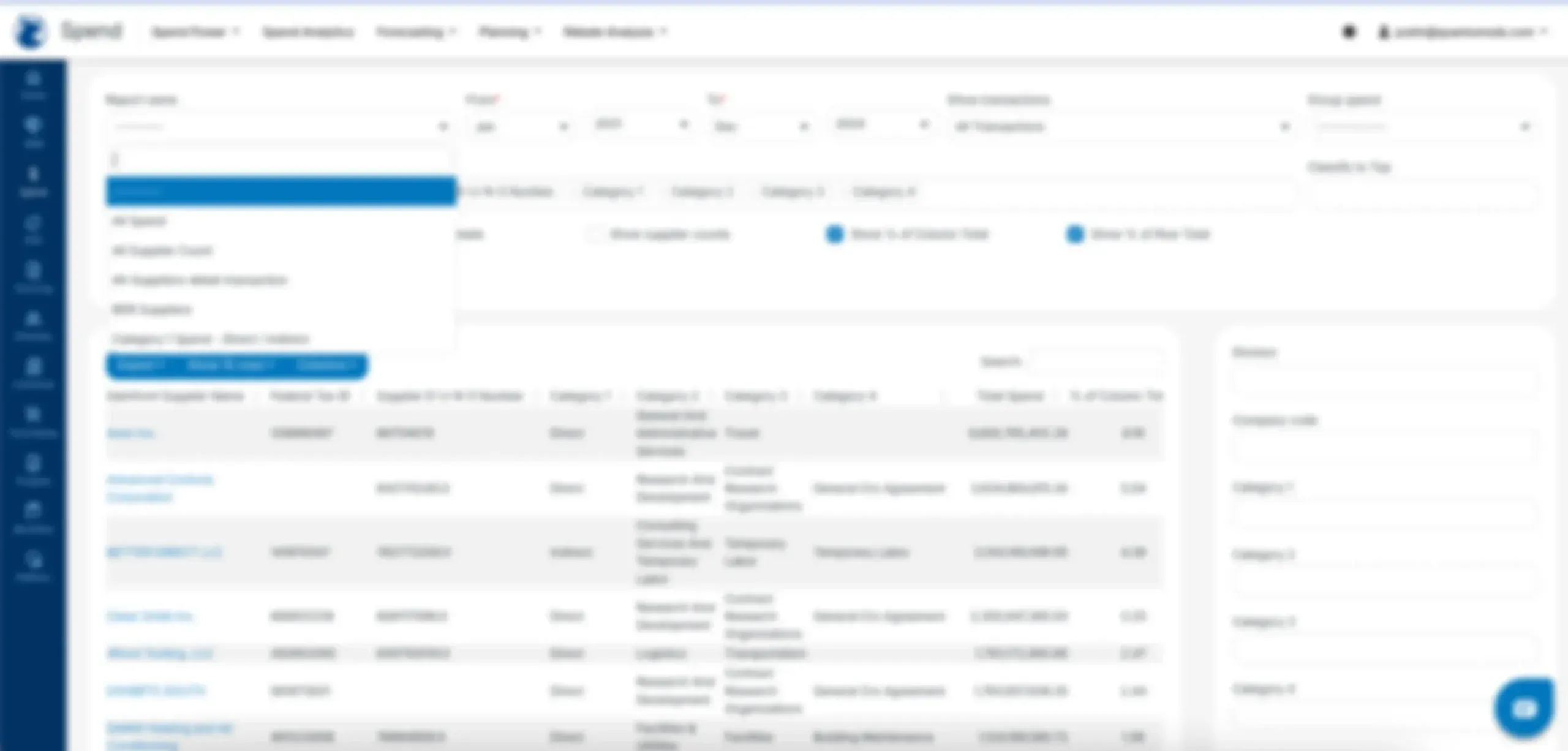 Blurred screenshot of a Gainfront spend analytics report listing suppliers with tax ID, category and total-spend columns, alongside report filters and a spend-by-category breakdown panel.
